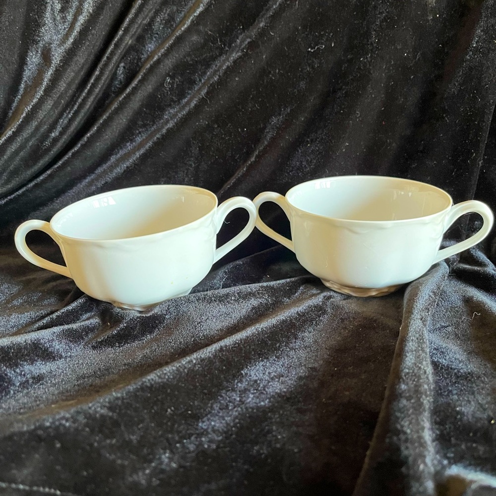 Racine Bavaria China two handled cups (set of two). Antique.  3 1/2” white